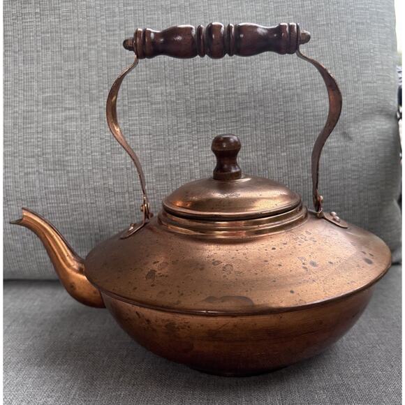 Vintage Retro Copper Tea Kettle Tin Lined Wood Handle Farmhouse Cottage - Picture 2 of 12